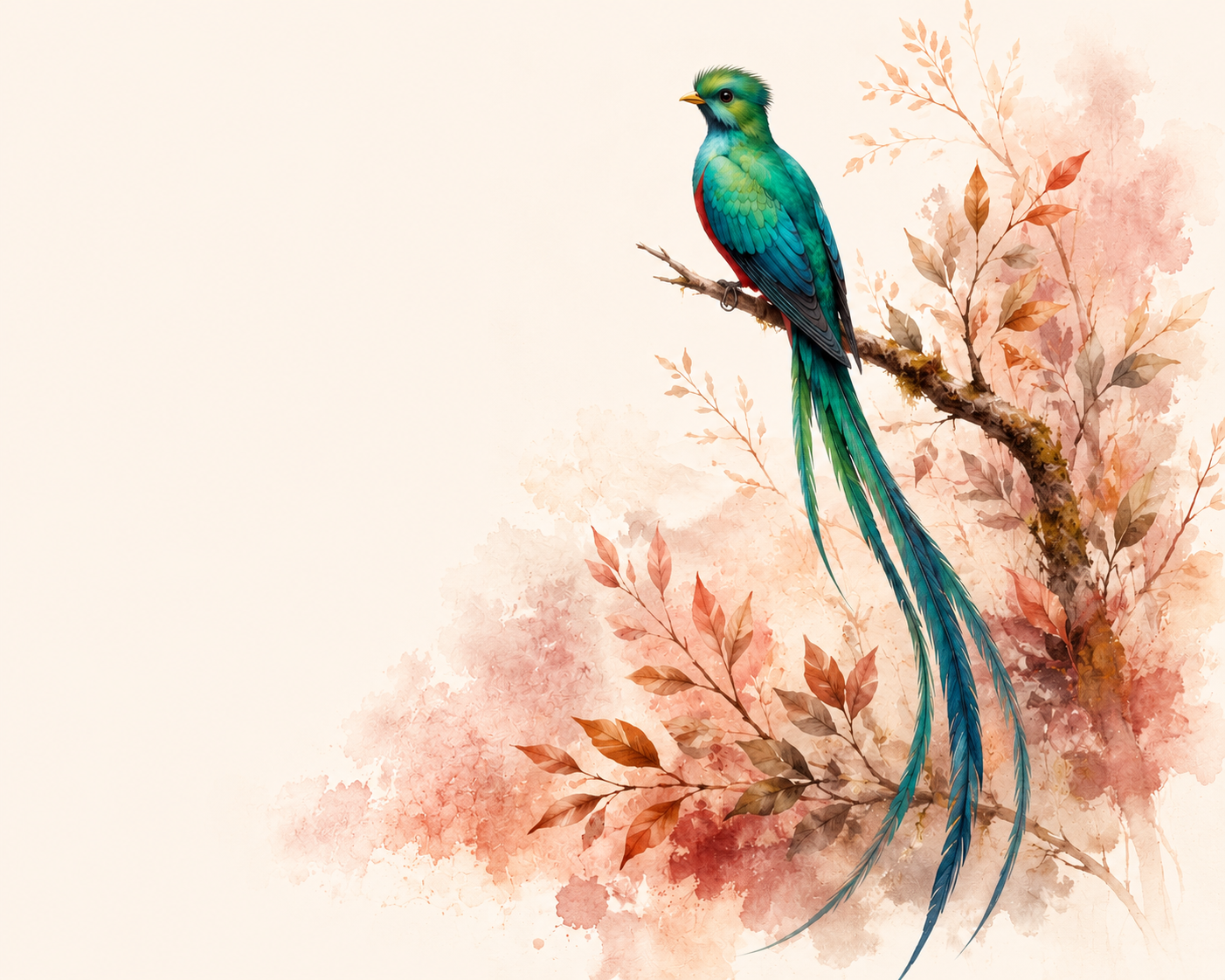 Illustration aquarelle d'un quetzal posé sur une branche fleurie